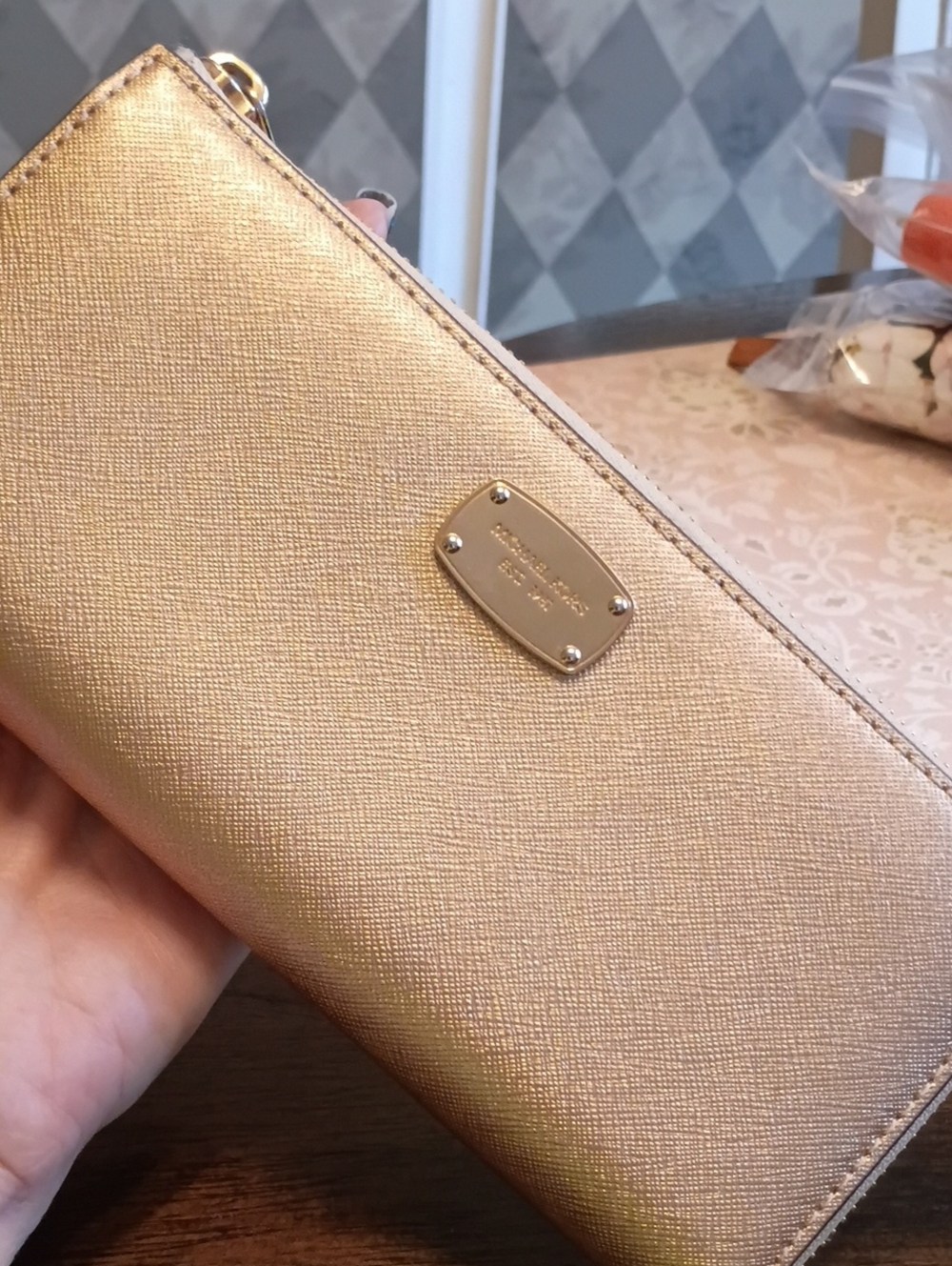 Michael Kors Gold Saffiano Zip Wallet